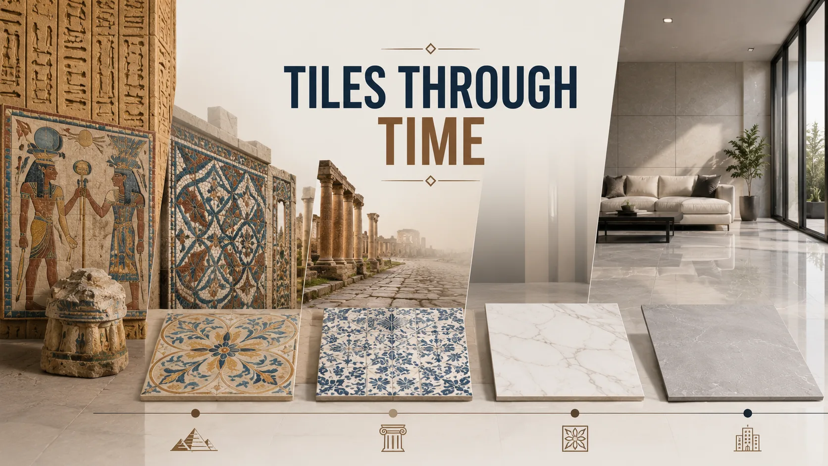 History of ceramic tiles from ancient Egypt to modern porcelain, showing the evolution of tile design and manufacturing